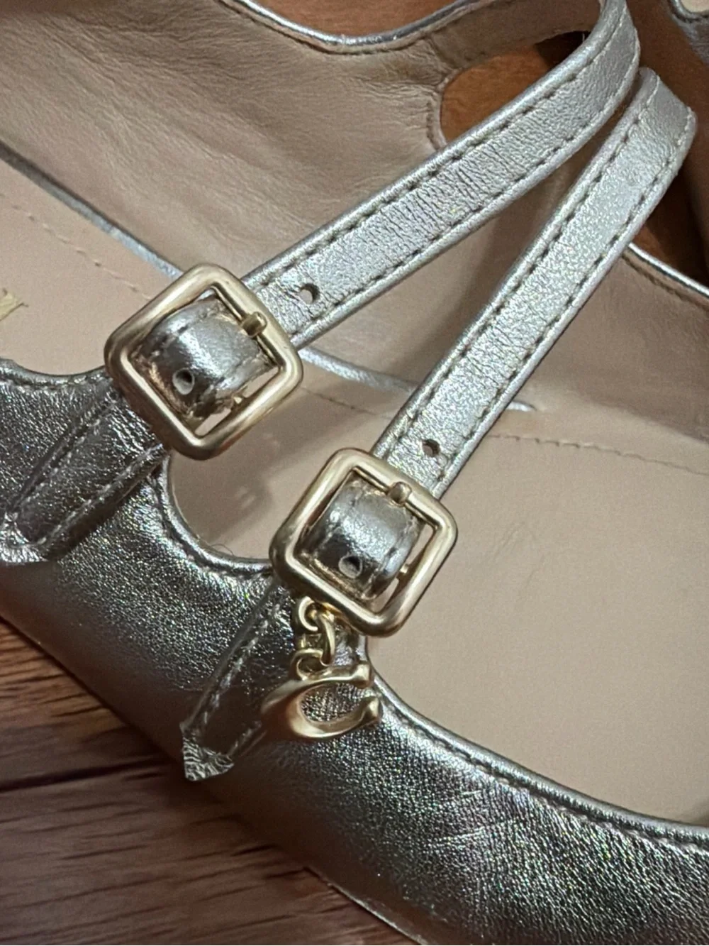Coach Metallic gold rose Double-Strap Mary Jane Flats Sz 9
